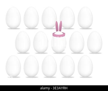 White chicken egg with funny Easter decoration of bunny ears surrounded by ordinary eggs, vector mockup illustration Stock Vector