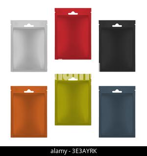 Blank multicolored sachet packets with euro slot and tear notches isolated on white background, realistic vector mock-up. Individual packaging pouches Stock Vector