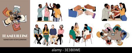 Set of Teambuilding business scene vector drawings Stock Vector