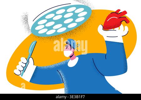 Male surgeon in mask holding a scalpel and a human heart during a cardiac operation in surgical room with lamp in flat corporate memphis style. Vector Stock Vector