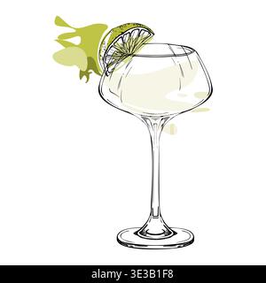 Margarita, daiquiri cocktail in flat vector, lime on rim, clear spirits like gin tonic, tequila, sambuca. Minimal gradient shading, elegant shape hand Stock Vector