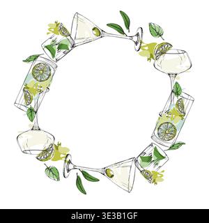 Circular vector wreath of lime, mint, olive and clear Martini, Daiquiri, Classic Mojito cocktail ink outlines with light fills. Hand drawn for labels Stock Vector