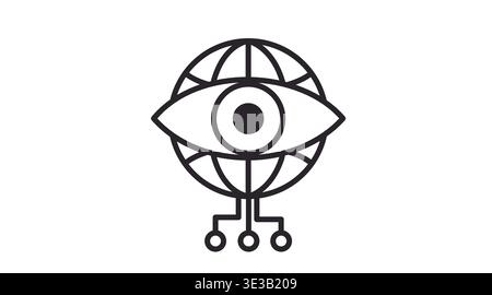 Black line icon of artificial intelligence concept featuring an eye with circuit connections over a globe. Stock Vector
