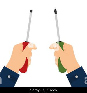 Hands holding flathead and crosshead screwdrivers Stock Vector