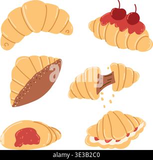 Set of hand drawn croissants, sweet pastry elements with chocolate, strawberry, cherry Stock Vector