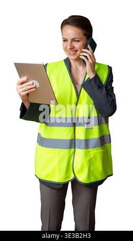 Isolated professional female wearing high visibility vest talking on mobile phone and using digital tablet. Stock Photo