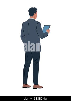 Man in suit stands back view holding tablet. Stock Vector