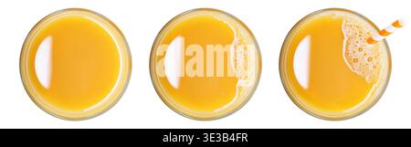 Orange juice glass collection isolated on white background. From top view Stock Photo