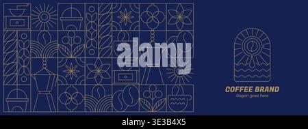 Abstract geometric coffee pattern in minimalist style. Vector seamless blue background with hand drawn line art beans, drink cups, hot teapot, plant leaves, bauhaus outline elements for cafe menu Stock Vector