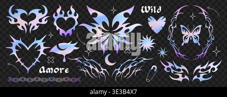 Y2k gothic holographic tattoo vector set. Neo tribal goth metal butterfly sticker, outline psychedelic thorn burning heart, neotribal crying eye, punk rock chains. Hand drawn cyber sigilism emo icons Stock Vector