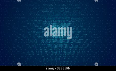 A scattered array of binary symbols that congregates into a dense central core before fading into black. This composition illustrates the organic grow Stock Vector