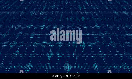 Digital sequences flow toward a vanishing point, creating a rhythmic wave of information across the data void. This perspective grid symbolizes high-s Stock Vector
