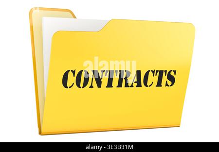Contracts, yellow folder. 3D rendering isolated on white background Stock Photo