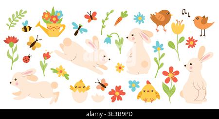 Set of spring elements with rabbits, flowers, butterflies, chickens, birds and plants Stock Vector