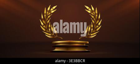 Luxurious golden podium with a laurel wreath, perfect for awards and product showcases. Vector illustration. Stock Vector