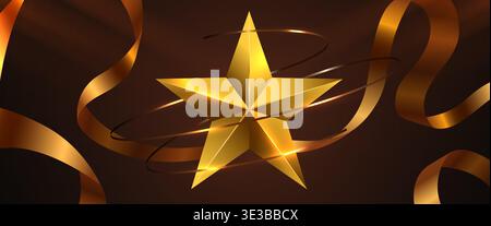 Shiny golden star and flowing ribbons on a dark elegant background, ideal for luxury and celebration designs. Vector illustration. Stock Vector