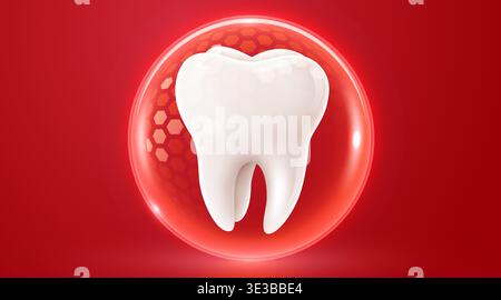 3d realistic vector healthy glowing tooth. Shield around white tooth. Dental care, protection and whitening. Vector illustration Stock Vector