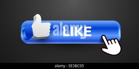 Blue Like button with 3D thumbs-up icon and mouse cursor clicking on dark background. Vector illustration Stock Vector