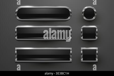 Sleek, modern black glossy buttons with shining silver metallic frames for user interface design. Vector illustration. Stock Vector