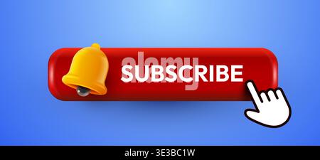 3D subscribe button with notification bell and mouse cursor. Call to action for online content and video. Vector illustration Stock Vector