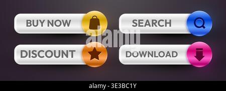 Modern 3D glossy web buttons with icons for website UI. Perfect for e-commerce and digital apps. Vector illustration Stock Vector