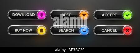 Modern UI Buttons with Glowing Icons. Set of user interface elements for web design. Includes various actions. Vector illustration. Stock Vector