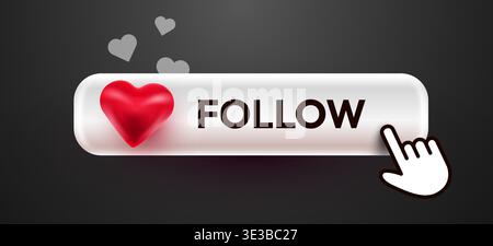 Modern social media follow button with heart icon and cursor. Ideal for web design and digital engagement. Vector illustration Stock Vector
