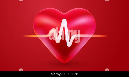 Glossy red heart with a white heartbeat line on a vibrant red background. Ideal for health and medical concepts. Vector illustration Stock Vector