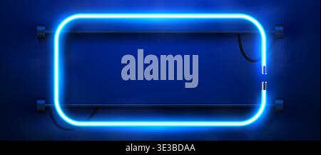 Bright blue neon rectangle frame on a dark background. Glowing electric light banner. Vector illustration Stock Vector