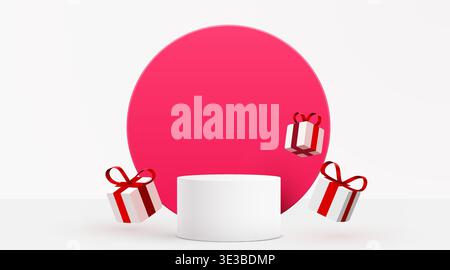Elegant 3D product display with white podium, pink background, and floating gifts, perfect for promotions and sales. Vector illustration. Stock Vector
