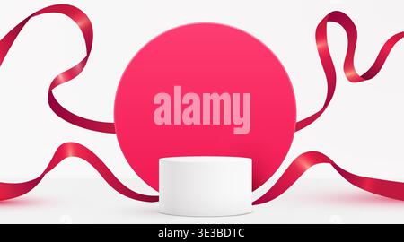 Modern white podium with vibrant pink circle and flowing red ribbons, perfect for product display or presentation. Vector illustration. Stock Vector