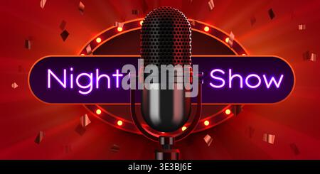 Night Show neon sign with vintage microphone on a vibrant red stage background with confetti. Vector illustration. Stock Vector