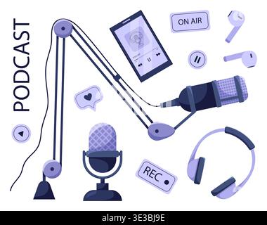 Set of different podcast elements. Podcasting, online show, streaming, blogging concept. Vector illustration in cartoon flat style. Stock Vector