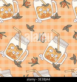 Sea Buckthorn Lemonade Mason Jars Seamless Pattern. Summer Beverage with Berries, Ice Cubes, Straw and Mint Leaves on Orange Gingham Checkered Backgro Stock Vector
