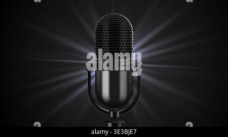 Elegant vintage microphone with glowing light rays on a dark background, ideal for music, podcast, or performance. Vector illustration Stock Vector