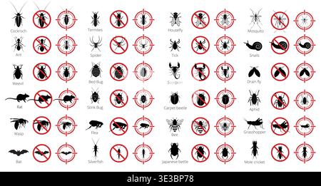 Pest control icons set. Prohibited insects, animals, and bugs vector set. Extermination, forbidden, or no-pest signs Stock Vector