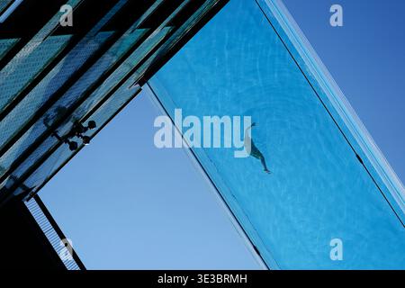 A swimmer in the Sky Pool, a transparent swimming pool suspended 35 ...