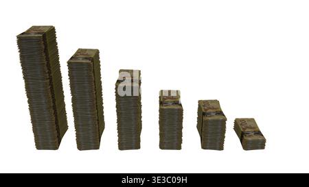 Stacks of Currency Banknotes Arranged in Rising/Falling/Wave Bar Chart Graph, Financial Growth and Recession Concept Stock Photo