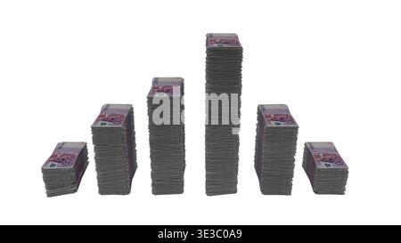 Stacks of Currency Banknotes Arranged in Rising/Falling/Wave Bar Chart Graph, Financial Growth and Recession Concept Stock Photo