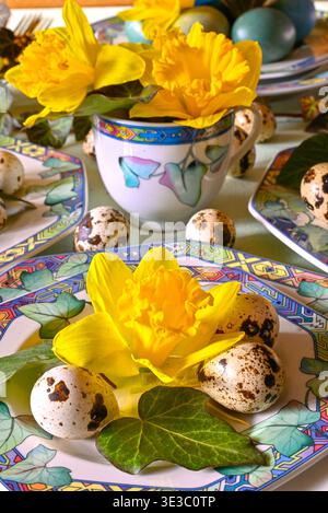 Close-up of Easter place setting decoration with porcelain tableware featuring plant motifs in the Art-Deco style on a table with yellow daffodils, Stock Photo