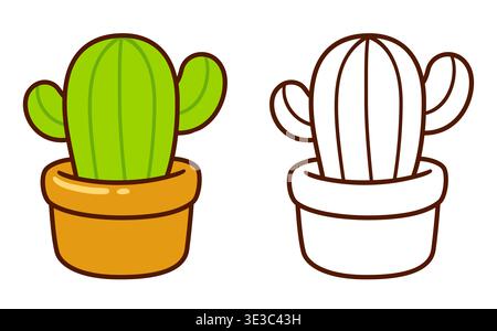 Cute cartoon cactus in pot. Color drawing and black and white line art. Simple hand drawn houseplant doodle, vector illustration. Stock Vector