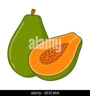 Papaya cartoon drawing. Whole fruit and cut in half. Simple hand drawn vector clipart illustration. Stock Vector