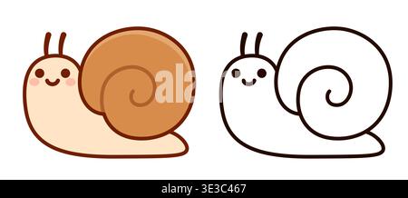 Cute cartoon snail. Color drawing and black and white line art. Simple hand drawn doodle, vector illustration. Stock Vector