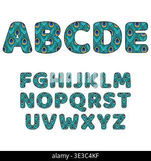 Font, alphabet made from blue peacock feathers. Isolated vector objects on white background. Stock Vector