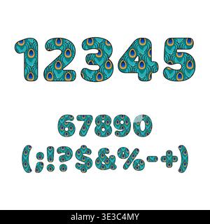 Numbers and symbols made from peacock feathers. Isolated vector objects on white background. Stock Vector
