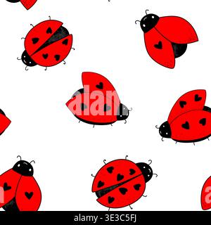 Cartoon kawaii ladybug baby seamless pattern. Background of Ladybirds with a cute hearts on wings. Vector illustration Stock Vector