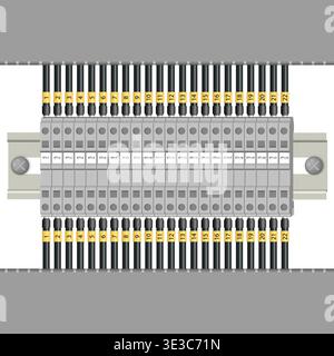 Detailed vector illustration of an electrical terminal block mounted on a DIN rail with numbered wires connected on both sides. Concept of industrial Stock Vector
