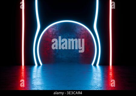 Futuristic Neon Roon with Glowing Blue and Red Lights, Sci-Fi Background. High quality photo Stock Photo
