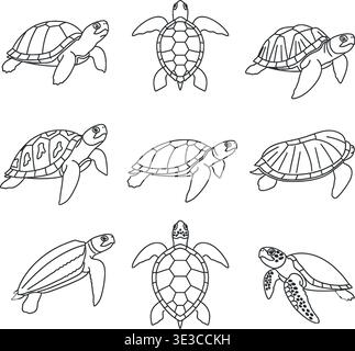 Simple line drawing of a sea turtle swimming in black and white Stock ...