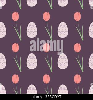Seamless easter egg and tulip floral pattern in soft pastel tones. Perfect for textile, wrapping paper, and surface design. Cute modern spring Stock Vector